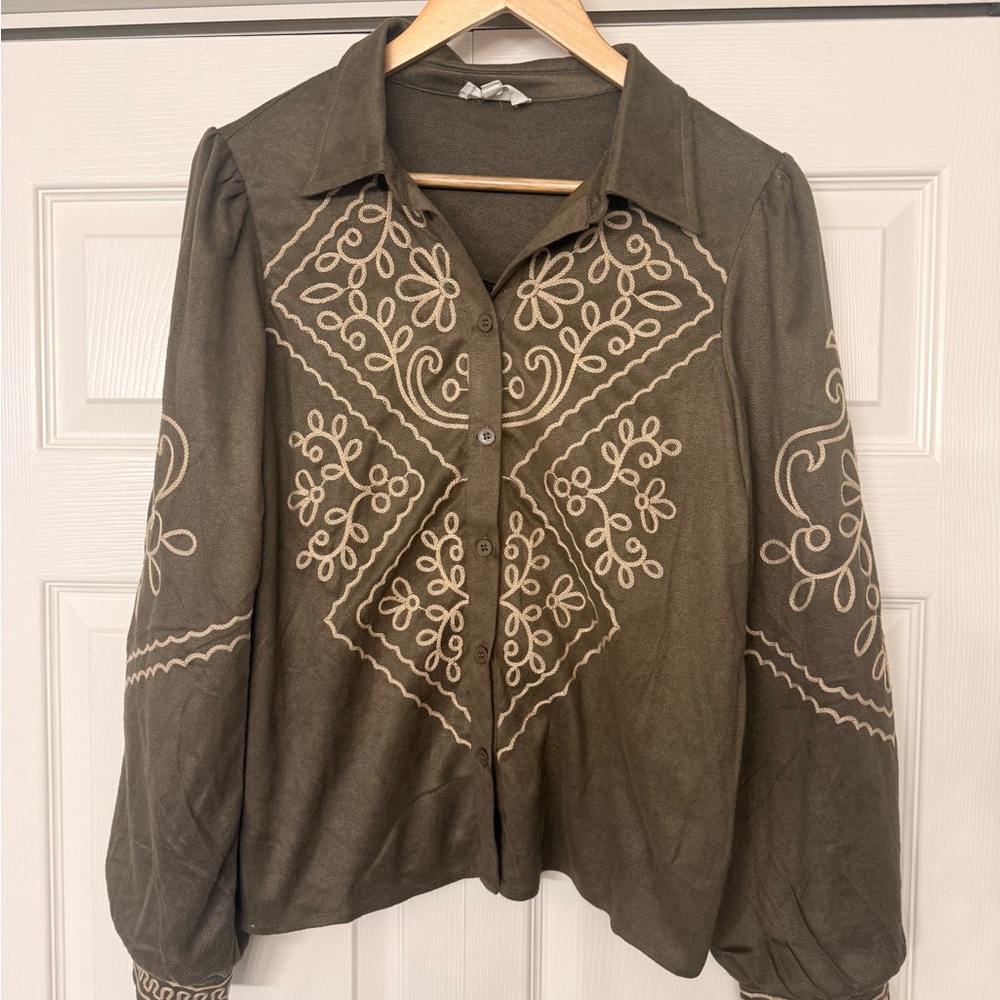 Hem & Thread Olive Button Down Shirt with Cream Embroidery